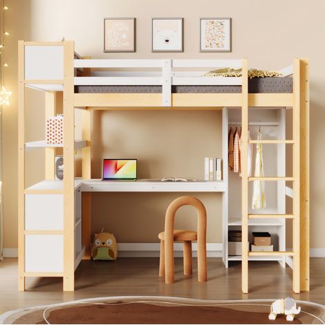 Letto a soppalco 140x200 cm con scrivania, scaffali e armadio, colore naturale (1/5)