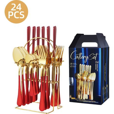 Ménagère 24 pièces - Acier inoxydable - Avec support - Finition miroir - Service de table 6 personnes - Compatible lave-vaisselle - Rouge/Or (1/4)