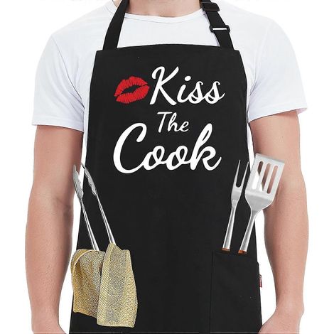 Tabliers humoristiques pour femmes et hommes - Tablier « Embrasse le cuisinier » - Tablier de chef amusant pour la cuisine, barbecue et grillades, avec 2 poches