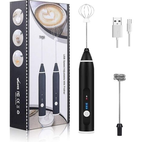 Mousseur à lait et mixeur électrique portable rechargeable avec 3 vitesses, noir