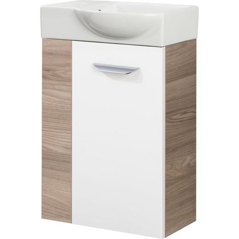Fackelmann LUXOR SBC Gäste-WC Set 2 Teile – Waschtischunterschrank Weiß mit Holz Braun mit Waschbecken aus Keramik – Waschbeckenunterschrank schmal – Türanschlag rechts – Hahnloch links – 45 cm breit" (1/4)