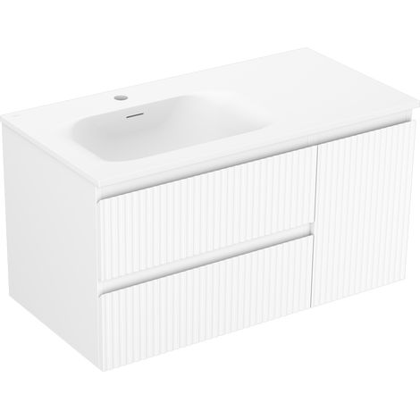 Mexen Rivel Badezimmerschrank 90 cm mit Waschbecken Vela links, 2S, 1D, gerillt, weiß matt - 91A23-09047-3-BBFFF01-W23L01