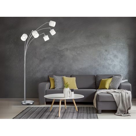 Stehlampe 5-flammig gebogen Silber & Stoffschirme Weiß mit E14 LED, Höhe 200cm (1/5)