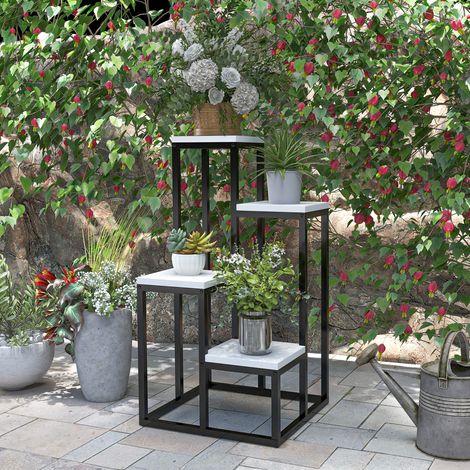 Étagère à plantes étagère à fleurs en métal et bois 4 niveaux de différentes hauteurs style industriel 34 x 34 x 66 cm