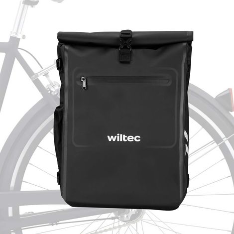 Wiltec Borsa per bici 4in1 25 l nera, impermeabile, montaggio al portapacchi posteriore, scomparto laptop, elementi riflettenti