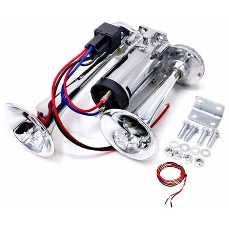 Klaxon 12V klaxon a air Double tube Argent klaxonélectrique de voiture Klaxon160DB Zinc Chromé Avec moteur de pompe à air