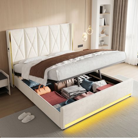 Lit adulte rangement 180x200 velours beige LED USB OKMYHOME (1/5)