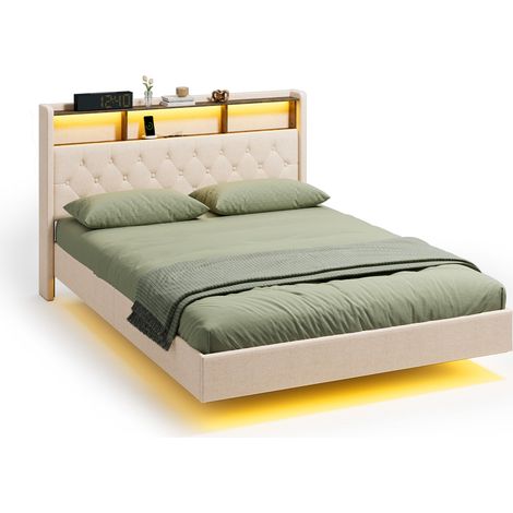 Letto Matrimoniale Imbottito 140x200 cm Bealife Struttura in Legno Metallo Luce LED con Testiera con Vano Contenitore Grigio Scuro