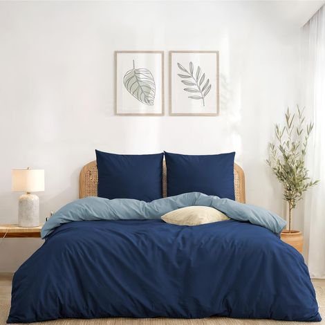 Housse De Couette 220x240 cm Réversible, avec 2 Taie Oreiller 65x65 cm, Bleu Foncé/Bleu Gris - Parure de Lit 220x240 Adulte en Microfibre - Oeko-Tex (1/5)