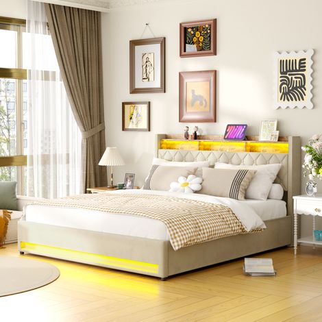 Lit 180x200 cm Rembourré Velours Beige, Design Ergonomique avec Mousse Haute Élasticité, Anti-taches Facile à Nettoyer - Confort Optimal (1/5)