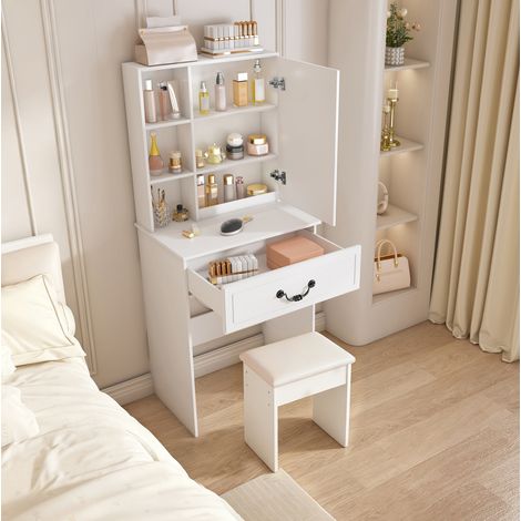 Toeletta moderna con specchio LED dimmerabile, vani integrati, pouf imbottito, bianco HAVRYA (1/5)