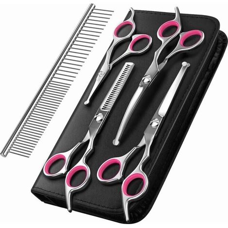 Ciseaux de toilettage pour chiens. Ensemble de 5 outils de toilettage en acier inoxydable revêtu de titane. Ciseaux effiler/droits/courbes et peigne. Rose (1/5)