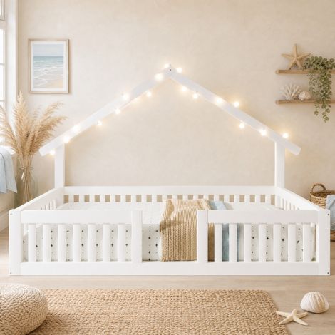 Letto per bambini a casetta 90 x 200 cm con barriera di sicurezza, legno bianco HAVRYA (1/5)
