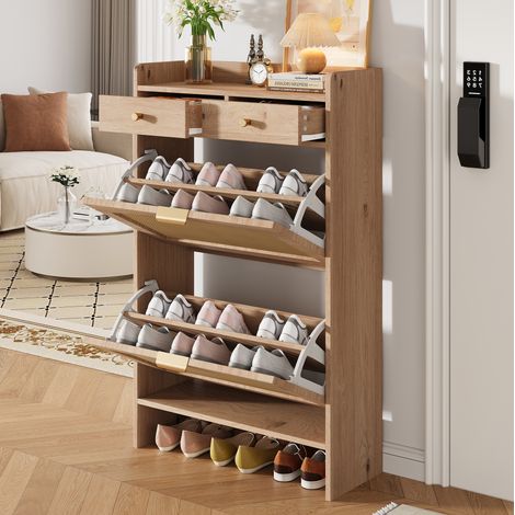 Meuble à chaussures avec 2 compartiments basculants, 2 tiroirs et plateau supérieur, panneau de particules aspect bois clair, 65 x 25 x 106 cm, pour entrée étroite - CHICFURN (1/5)