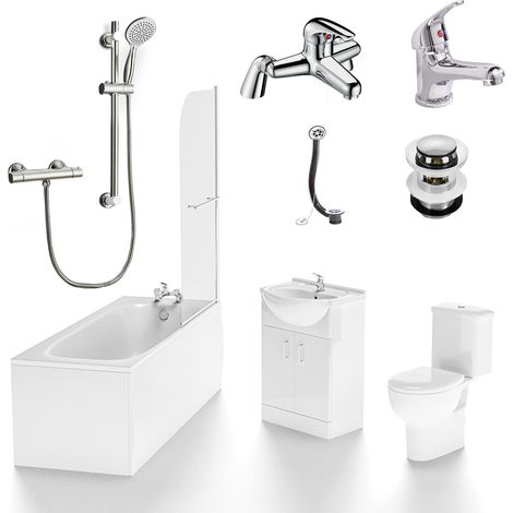 Ambon 1700mm Bath and Screen, Basin Flat Pack Vanity Unit, Close Coupled Toilet, Mono and Shower Mixer Taps & Wastes White (1/5)