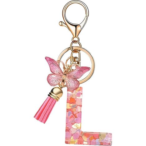 Portachiavi ZXUPIO con la lettera L per donne e ragazze, decorato con una graziosa farfalla rosa e una nappina, ideale per zaini e borse da scuola.