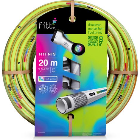 FITT NTS LIME 1/2" (12,5mm) 20 m Kit - Tuyau d'Arrosage pour Jardins pour Utilisation Intensive, Robuste et malléable, pour Usage intensif, avec pistolet multi-jet et raccords (1/4)