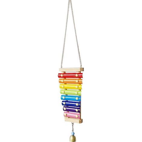 Jouet sonore suspendu en bois : poules et coqs picorant, xylophone suspendu. (1/4)