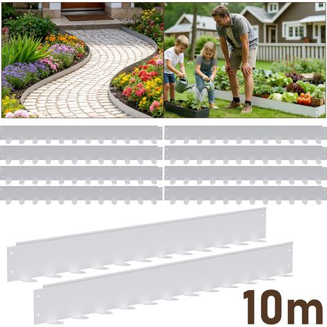 Jiubiaz Bordüre aus flexiblem Stahl für Garten & Rasen - 10 Paneele à 100 cm (10 m Gesamtlänge) - Höhe 10 cm - Farbe Silber - inkl. 120 Erdankern & Befestigungsnägeln