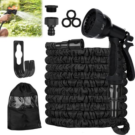 15 m langer, ausziehbarer Gartenschlauch, flexibler Gartenschlauch mit 1/2"- und 3/4"-Adaptern, 8 Bewässerungsmodi, ausziehbarer Druckwasserschlauch mit Wandhalterung und Tasche (1/5)