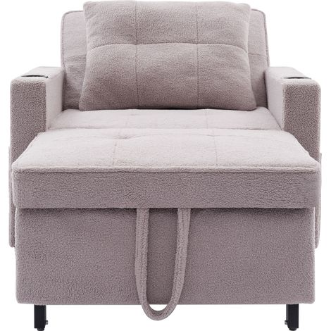 Poltrona Convertibile 3 in 1 con Portabicchieri, Porta USB, Tasca Laterale, Legno e Metallo Grigio (1/5)