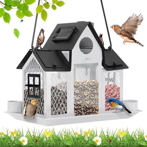 Solarbetriebenes Vogelhäuschen für den Außenbereich, hängend, aus Metall, groß, für Kardinäle, eichhörnchensicher, weiß (1/5)