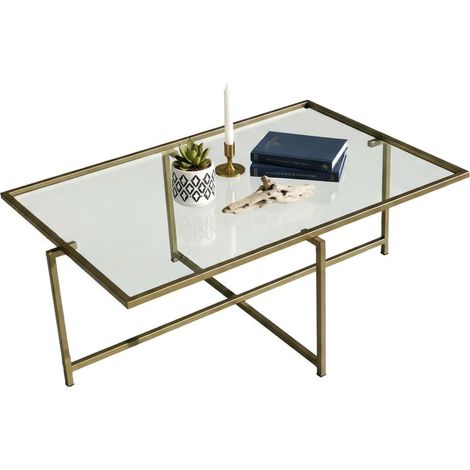 Dmora - Wohnzimmertisch Dheneb, Niedriger Wohnzimmertisch, Kaffeeregal, Couchtisch für Sofa, 94x64h35 cm, Gold, mit verstärkter Verpackung