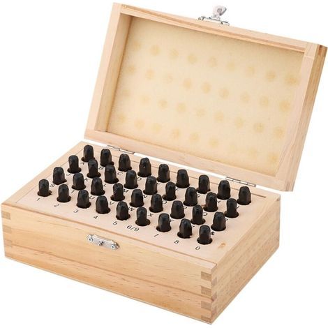 Kit de tampons alphabet et chiffres en métal, ensemble de poinçons chiffres et lettres en acier de 4 mm avec étui en bois pour impression 36 pièces (1/4)