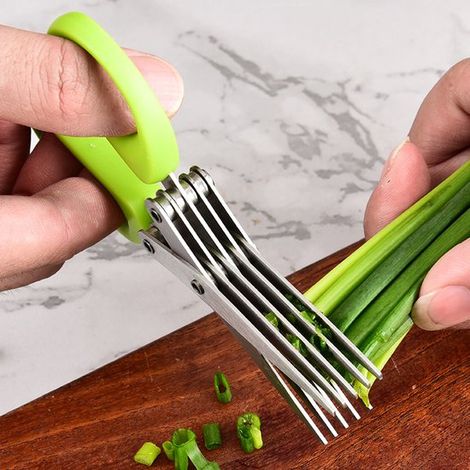 Forbici per erbe aromatiche con 5 e 3 lame, complete di protezione e pettine per la pulizia, colore verde, confezione da 2 pezzi. (1/5)