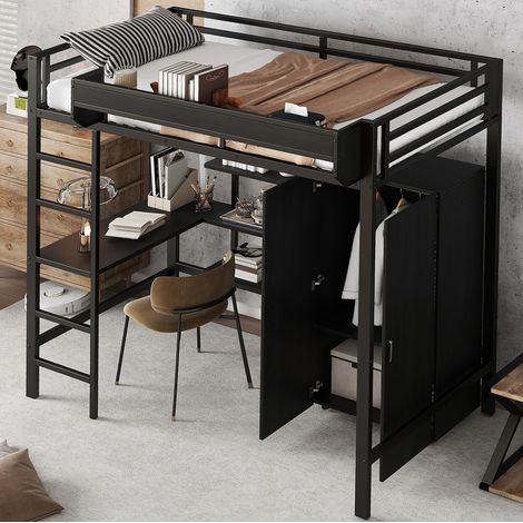 Cama alta 90x200 cm negra de metal y madera con escritorio y armario (1/5)