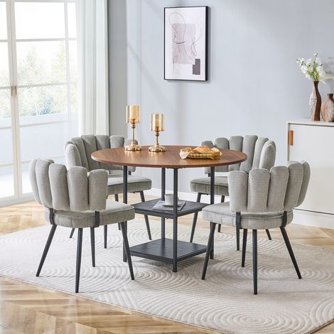 DESMIU Table de salle à manger ronde avec 4 chaises, 2 niveaux de rangement, structure métal, pour cuisine et salle à manger, gris et noyer (1/4)