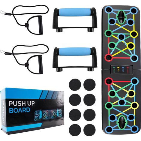 Planche push up 63,5 x 18 cm - Planche de pompes avec poignées et bandes de résistance - Pliable et stable - Charge maximale : 150 kg - Appareil de fitness pour la maison et le bureau (1/5)