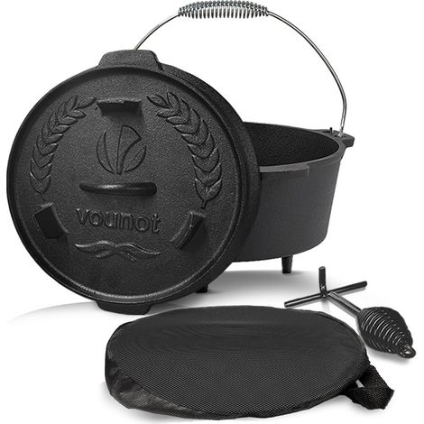 VOUNOT® BBQ Dutch Oven Feuertopf Gusseisen 4,25 Liter, eingebrannter Kochtopf Schmortopf mit Füßen Deckel Deckelheber (1/5)