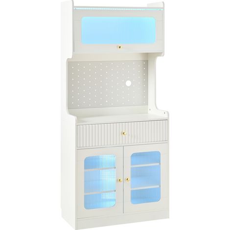 Hoher Küchenschrank mit verstellbaren Böden, Schubladen, LED und Riffelglas, weiß (1/5)