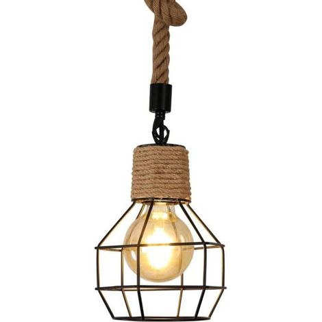 Suspension Luminaire Industrielle, Lustre en Bois et Corde, Hautaeur Réglable, Lampe Suspension Vintage Noir Douille E27 (1/5)