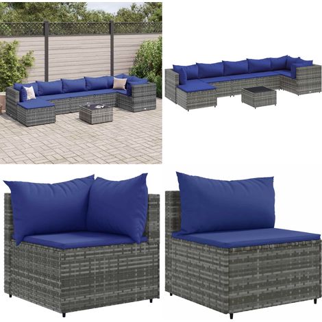 Salon de jardin 8 pcs avec coussins Gris Résine tressée - Salon De Jardin - Meuble De Jardin - Set De Salon - Résine Tressée - Rotin Synthétique - Home & Living