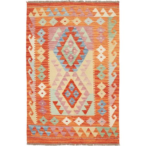 Tapis kilim 86 x 132 cm, motif ethnique, orange, beige et bleu, en pure laine naturelle, tissé à plat, style authentique (1/5)