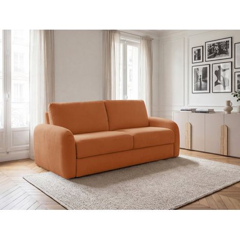 BOBOCHIC - Canapé droit convertible KENAN ouverture express tissu lisse  140x196 Orange