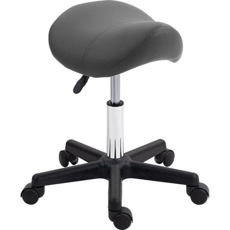 Tabouret à roulettes, assise en forme de selle, réglable en hauteur, pivotant à 360°, similicuir, gris, 48 x 47 x 45-59 cm (1/5)