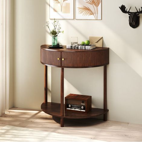 MODFU – Table console demi-lune 80x40x82 cm bois d'ingénierie – 2 tiroirs à motif ondulé 3D et tablette basse – Charge 45 kg, pieds bois – Entrée ou salon – Brun noyer (1/5)
