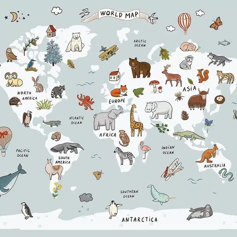 papier peint panoramique carte du monde pour enfants gris et blanc - Sanders & Sanders (1/5)