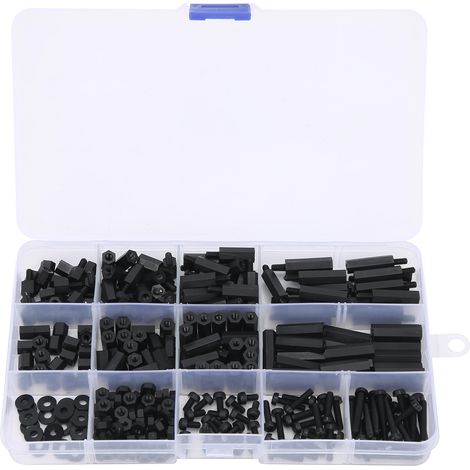 M3-Nylon-Sechskantschraube, Mutter und Distanzstück-Set, diverse schwarze Kleinteile, Aufbewahrungsbox, Befestigungselement