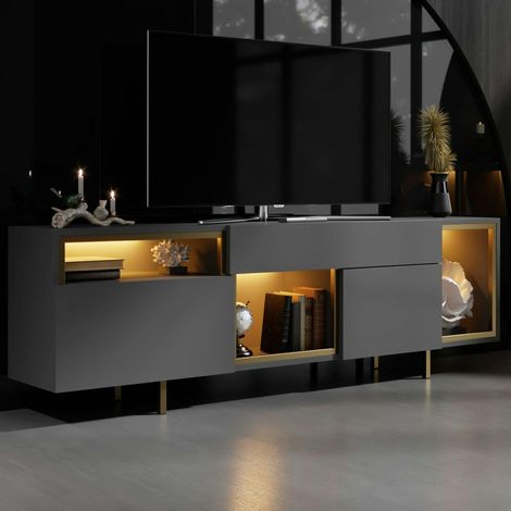 buffet gris foncé et doré 2 portes 3 niches LED AURA (1/5)
