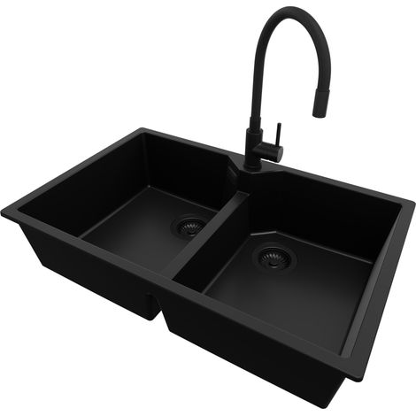 PRIMAGRAN Evier Cuisine en Granit 78x50cm, Lavabo 2 bacs + Robinet 40x38cm + Kit de Vidage, Évier à Encastrer au meuble 80cm - Madrid Twin, Tout Noir (1/5)