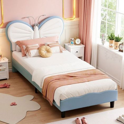 Cama infantil mariposa 90x190 cm azul y blanco - Cabecero ajustable LED con luz integrada - Cama de diseño moderno para niña