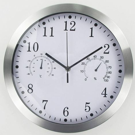 Horloge murale ronde à quartz, horloge murale intérieure silencieuse en aluminium avec thermomètre et hygromètre pour salon, cuisine, bureau (blanc) (1/5)