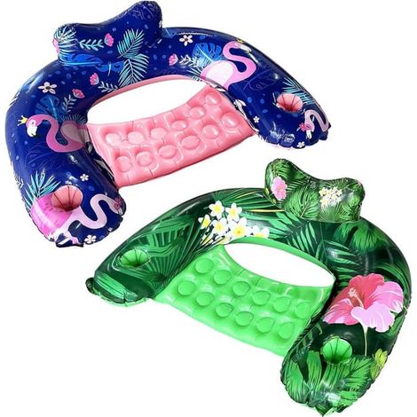 Chaise longue gonflable pour adultes avec porte-gobelet et dossier, matelas de piscine confortable pour l'été, multicolore, lot de 2 (1/5)