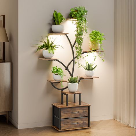 Porte Plantes à Lampes de Croissance, Étagere à plantes avec 7 Étagères et 2 Tiroirs, Support pour Plantes en Métal et Bois,  Lumière et Minuterie Réglables, Pour Intérieur/Balcon, Mondeer