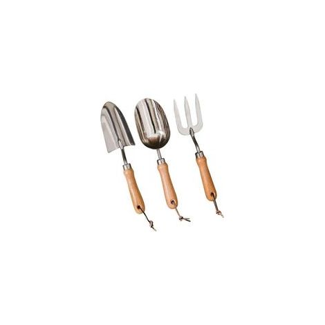 Ensemble d'outils de jardinage : pelle, râteau et fourche en acier inoxydable avec manches en bois résistants. Kit de plantation et de rempotage idéal pour les jardiniers amateurs. (1/5)