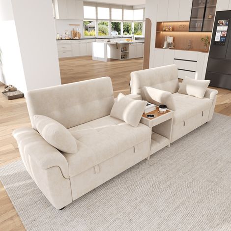 Canapé convertible en U 4 places avec double couchage 284x138x89cm,dossier réglable,4 coussins,console 2 porte-gobelets,chenille,beige (1/5)